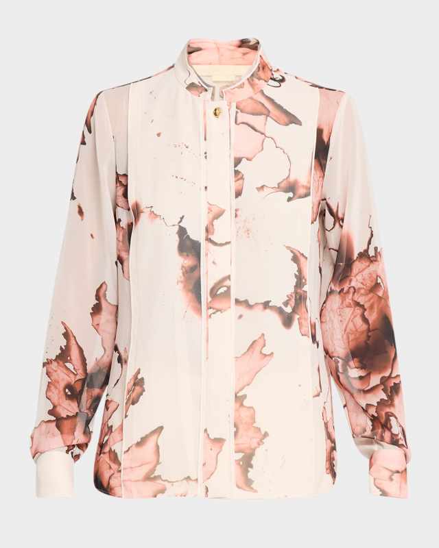 Burnt Floral-Print Chiffon Button-Down Blouse